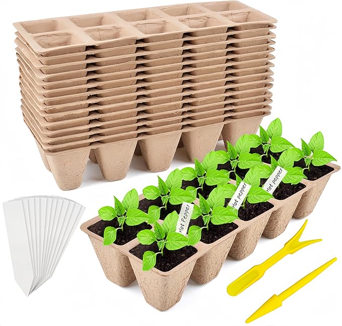 240 Cells Peat Pots Seed Starter Tray 24 Packs Biodegradable Seedling Pots Germination Trays Peat Pot for Seedling Organic Seed Starting Trays kit with 24 Labels 2 Transplant Tools