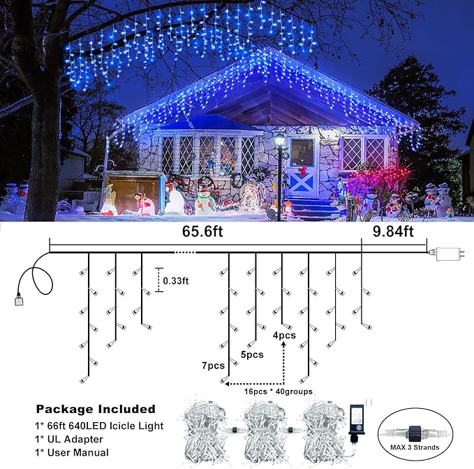 Christmas Icicle Lights Outdoor, 66ft 640 LED Icicle Lights for Outside with 8 Modes Timers, Waterproof Plug in Connectable Twinkle Light for Indoor Window Patio Yard Wedding Decorations, Blue