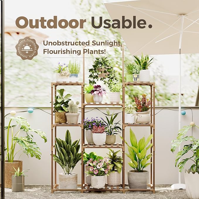 Bamworld Plant Stand Indoor Outdoor Large Plant Shelf Tall Hanging Plant Holder Wood Flower Stand for Window Living Room Garden Balcony Home Decor Flower Patio 3 Tiers