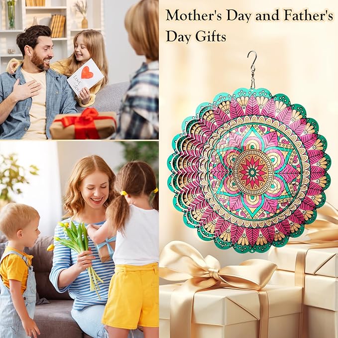 Wind Spinner Mandala Manjusaka Laser Cut Stainless Steel Wind Spinners for Yard and Garden Decoration 3D Kinetic Metal Art Ornament Hanging Wind Sculptures Outdoor Decor Creative Gifts Ideas