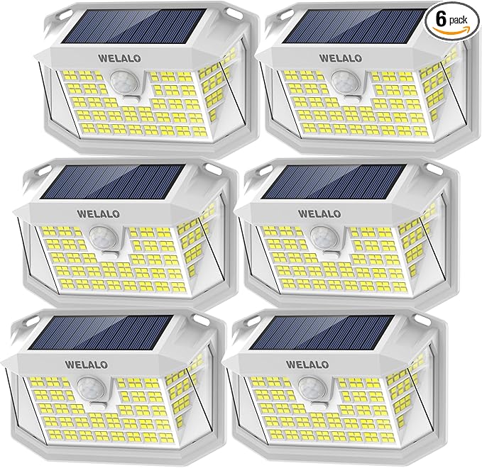 Solar Motion Lights Outdoor, [3 Modes/6 Pack/188 LED] 270° Wide Angle Lighting, Security Solar Powered Wall Lights, IP65 Waterproof Flood Lights for Fence Porch Yard Patio(White)