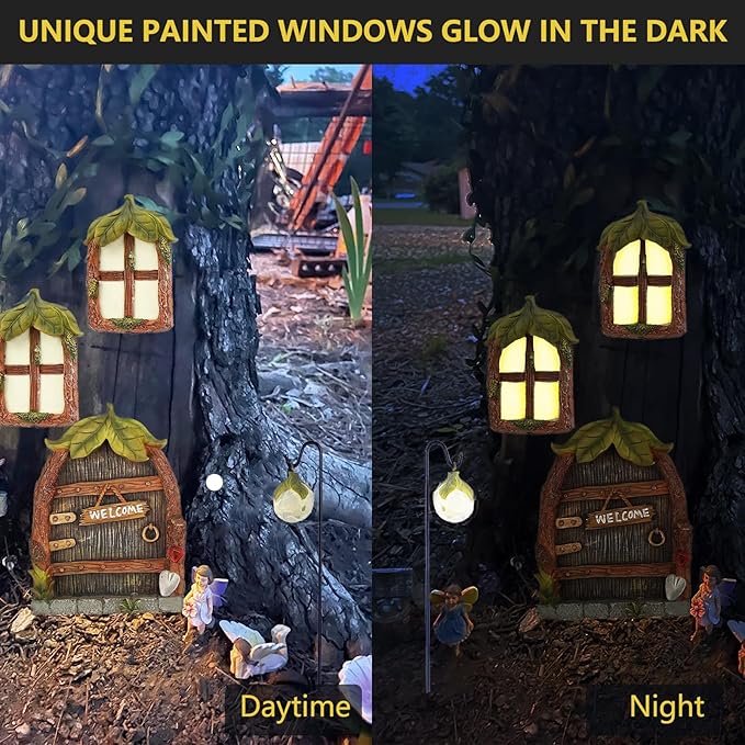 Miniature Fairy Garden Accessories Fairy Door and Windows for Trees, Glow in The Dark Yard Garden Sculpture Lawn Ornament Mini Garden Art Outdoor Decor Accessories with Lantern