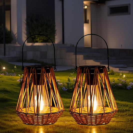 Solar Lanterns,2 Pack Hanging Solar Lantern Outdoor Lanterns for Patio Waterproof,Rattan Lantern with Handle,Decorative Retro Rattan Lights for Yard