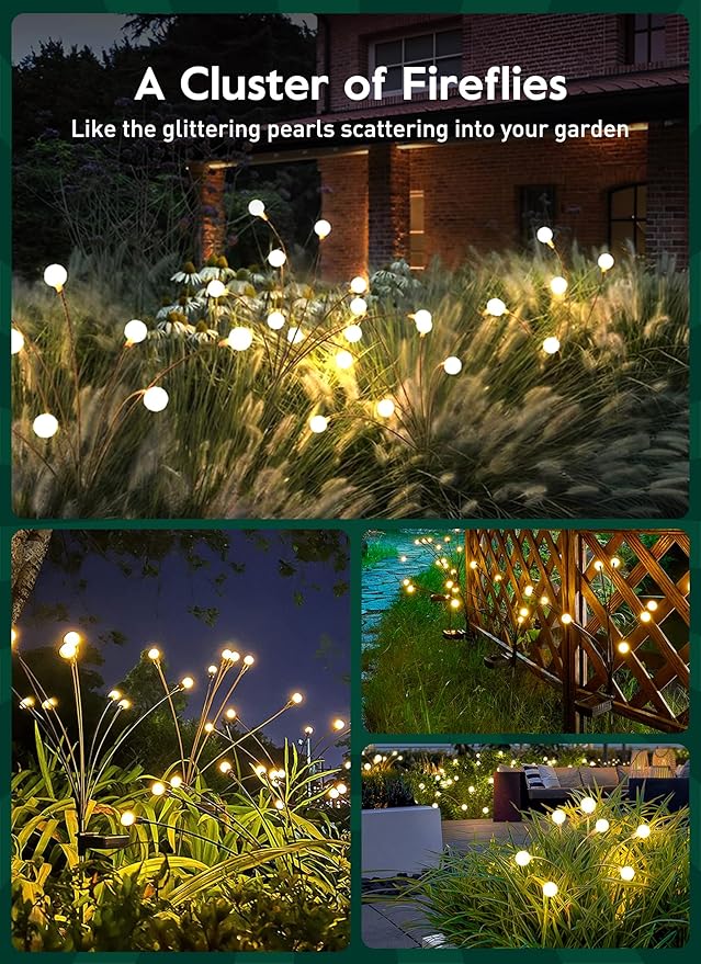 Brightown Solar Garden Lights - 4 Pack 12 LED Firefly Lights, Sway by Wind, Waterproof, Warm White