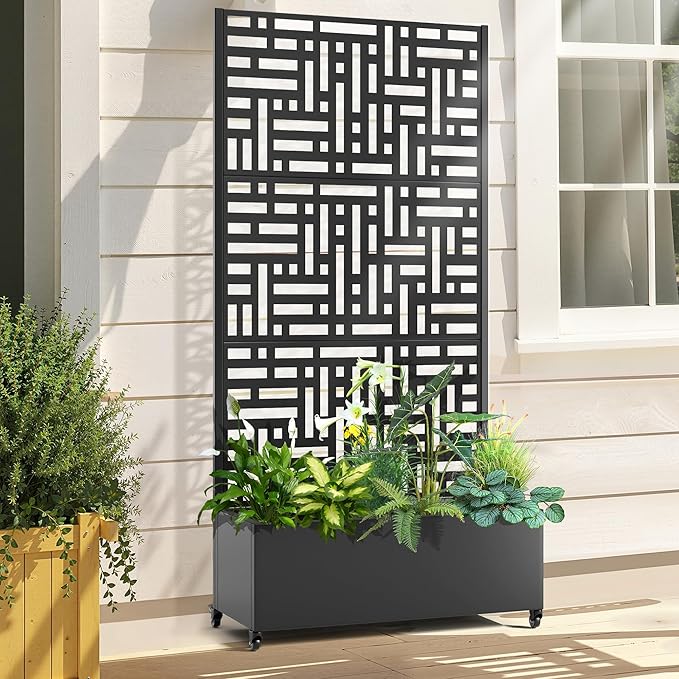 Raised Garden Bed with Trellis and Wheels,73"x35"x16" Metal Raised Garden Bed,Black Modern Metal Planter with Climbing Trellis for Vines & Vegetables