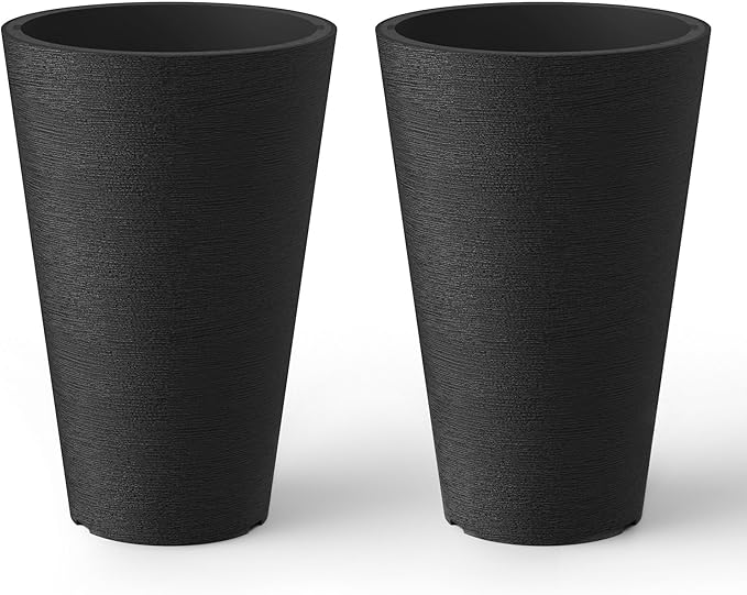 Kante Tall Round Planter Set of 2, 13 Inch Tall Decorative Planter Pots for Outdoor Indoor Garden Patio Front Porch (Black)