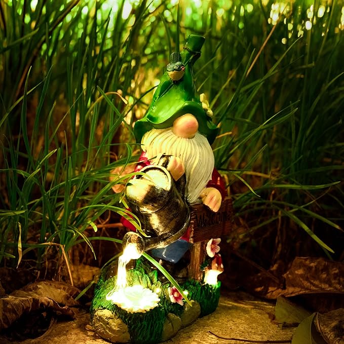 mopha Garden Gnomes Statues Outdoor Decor with Watering Can Solar Lights Resin Figurines Outside Decoration for Patio Yard Lawn Porch Ornaments Clearance Gardening Gift