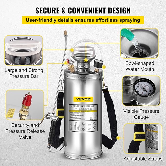 Happybuy 2 Gallon Stainless Steel Sprayer, 20" Wand & 3FT Reinforced Hose, Hand Pump Sprayer with Pressure Gauge, Safety Valve & Adjustable Nozzle, Weed Sprayers for Lawn, Gardening &Sanitizing1