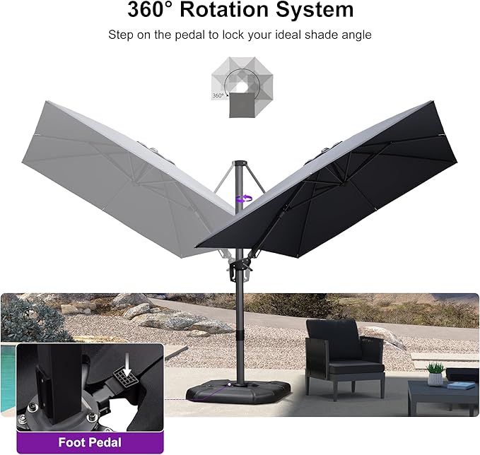 PURPLE LEAF 8.2' X 11.5' Tilting Patio Umbrella with Base Outdoor Cantilever Swivel Rectangle Umbrella Aluminum Offset Umbrella with 360-degree Rotation for Garden Deck Pool Patio Grey