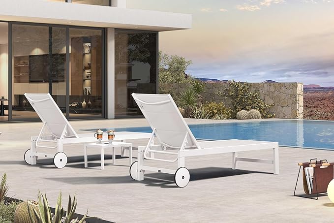 PURPLE LEAF Outdoor Chaise Lounge Staight Legs Adjustable Sunbathing Recliner with Side Table Cream 2 Sets