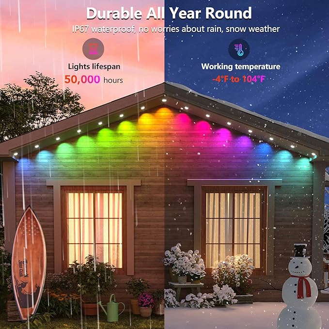 Permanent Outdoor Lights for House,50FT Eave Lamps with 30 RGB LED,IP67 Waterproof Year-Round Outdoor Decorative Lights with APP & Remote Control for Garden Party Christmas Holidays