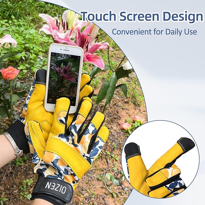 Cowhide Leather Thorn Proof & Puncture Resistant Gardening Gloves for Women and Men, Touchscreen Compatible Working Gloves for Weeding, Digging, Planting, Gardening Gifts for Women, Size Medium