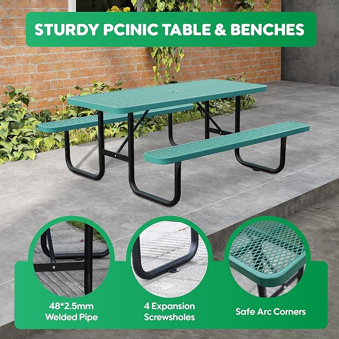 6FT Metal Picnic Tables for Outdoors, Commercial Rectangular Picnic Table and Bench Set for Outside, Patio, Garden, Backyard, Porch, Surface Mount, Green
