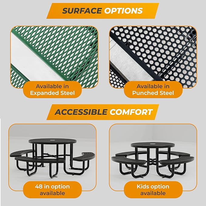 Metal Picnic Tables for Outdoors with Umbrella Hole - Coated Steel Heavy Duty Commercial Grade Table with Adjustable Seats (Black, 38 in, Round, Expanded Steel)