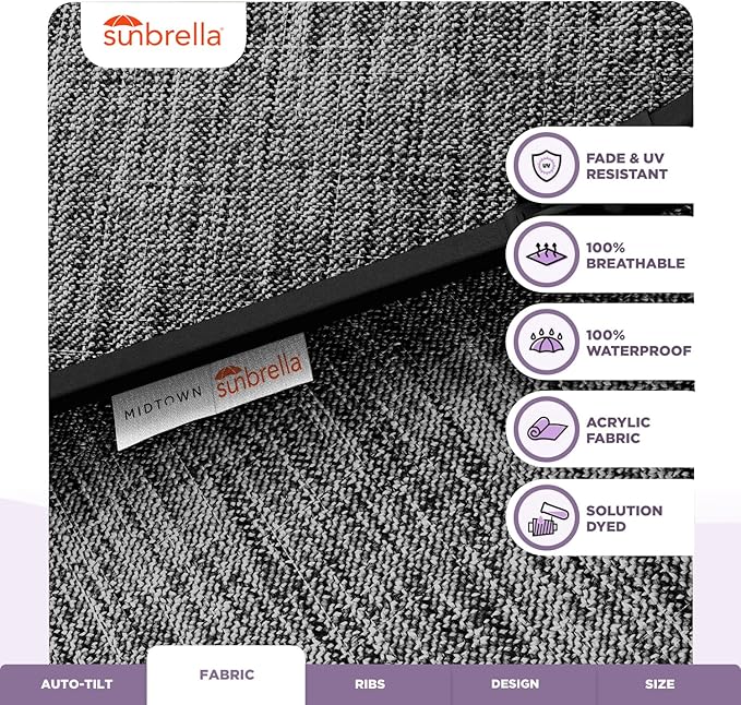 Midtown Umbrellas Sunbrella Umbrella 8 Feet Outdoor Umbrella With Sunbrella Cast Slate Acrylic Fabric - Auto-Tilt Aluminum Frame Patio Umbrella For Backyard, Deck, Garden, Pool - Black Pole