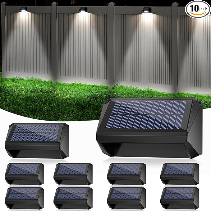 LANSOW Solar Fence Lights 10 Pack, Cool White, Warm White and White, Solar Deck Lights Outdoor Waterproof, Dusk to Dawn Solar Powered Lights Decor for Outside, Step, Yard, Patio, Wall, Stair(Black)