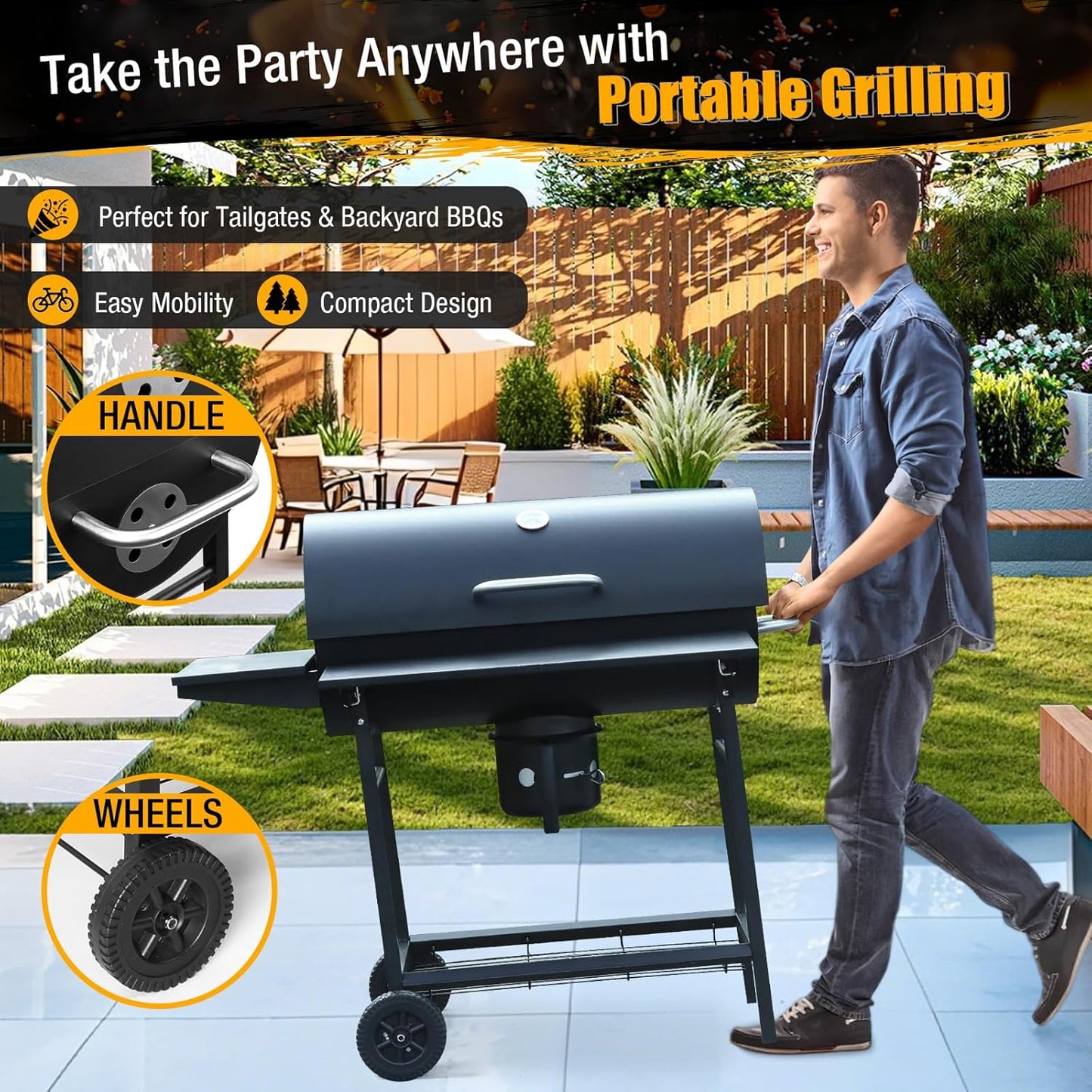 Charcoal BBQ Grills Outdoor: Spacious Barrel Barbecue Grill with Side Front Table - Premium BBQ Smoker Combo for Backyard Cooking Patio Grilling Tailgating Party Camping Picnic