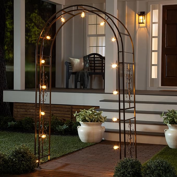 Evergreen Plow & Hearth Montebello-Gunmetal Garden Arbor - 7 Feet Tall | Slim Metal Arch with Iron Trellis for Climbing Plants | Elegant Wedding Arbor | Outdoor Patio & Garden Decor