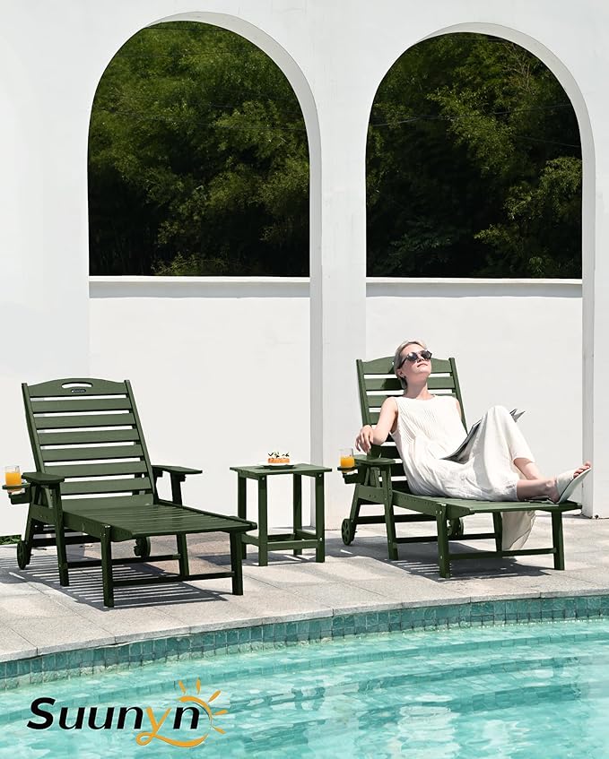 Lounge Chair Outdoor Set of 4 with Wheels, Adjustable 6-Position Chaise Lounge Outdoor, Patio Lounge Chair for Poolside Backyard, Green