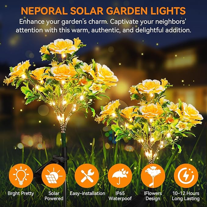 Neporal Solar Garden Lights Outdoor Dusk to Dawn, Carnation Solar Flowers Outdoor Waterproof IP65 for Garden Decor Yard Decor Patio Decor, Garden Solar Lights Outdoor Gardening Gifts for Women 4-Pack
