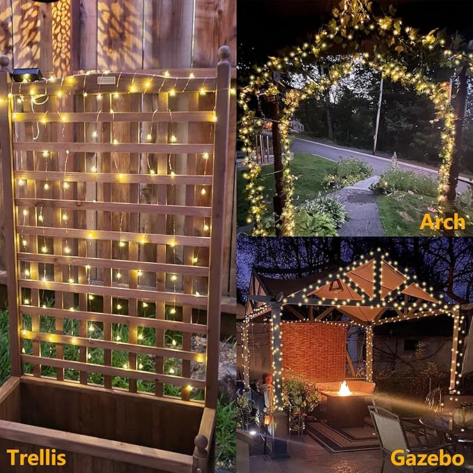 YEGUO Solar Fairy Lights Outdoor Waterproof, 4 Packs Each 33ft 100 LED String Lights Warm White, 8 Modes Silver Wire Twinkle Lights