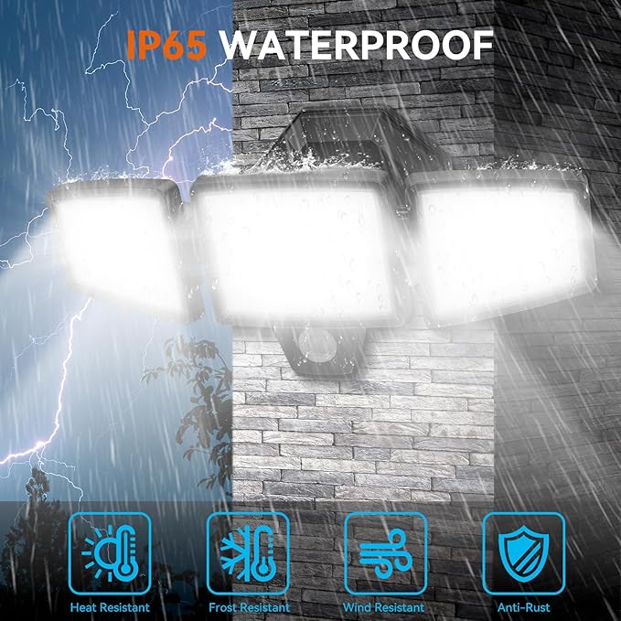 65W LED Flood Lights Outdoor, 6500LM, Waterproof, 6500K Motion Sensor Flood Lights Outdoor with Adjustable 3 Head Detected Floodlight for Outside Entryway Garage, Yard, Porch