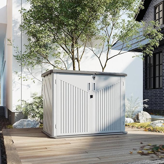 Aoxun 35 Cu.Ft Outdoor Storage Shed, Waterproof Horizontal Resin Cabinet for Trash Cans, Lawn Mowers, Generators, and Garden Tools, White