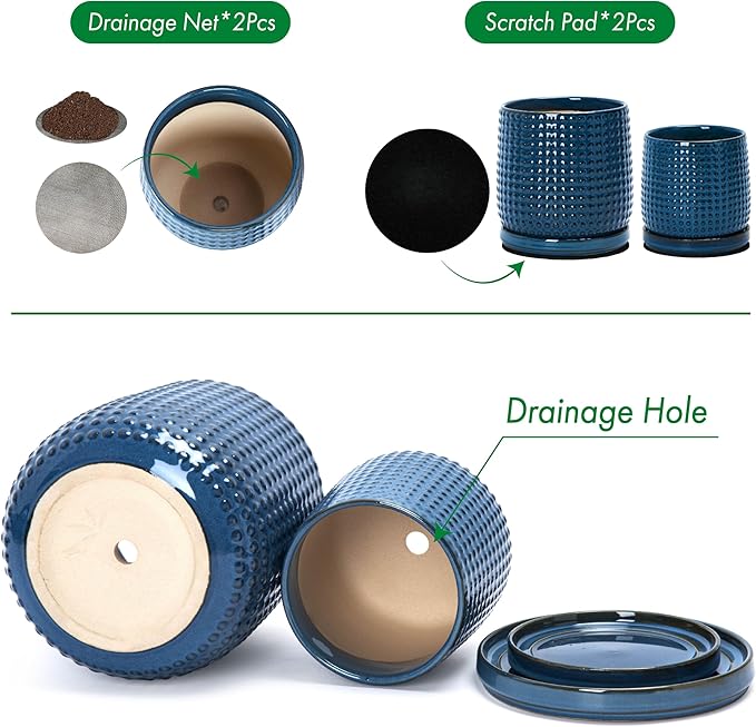 D'vine Dev 6 Inch 4 Inch Ceramic Indoor Planter Pots with Drainage Hole and Saucer, Beaded Design Flower Pots, Set of 2, Blue, 27-D-U-3