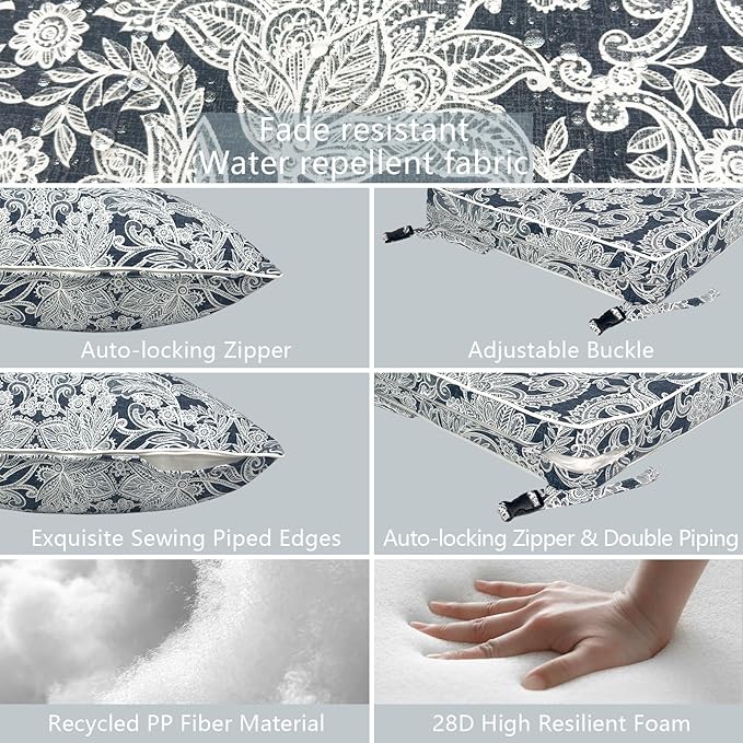 LVTXIII Outdoor/Indoor Deep Seat Cushion Patio Seat and Back Cushion Set All-Weather Replacement Chair Cushion for,Wicker Chairs and Garden Furniture Decoration, 24"x24"x4", Damask Lapis