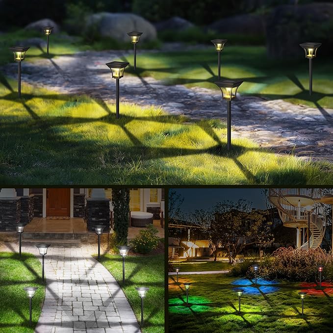 CINOTON 12 Pack RGBCW Solar Pathway Outdoor Lights, 3 Lighting Modes Solar LED Garden Lights, IP65 Waterproof Outside Solar Powered Landscape Lighting for Planter Lawn Pool Balcony RGB/Warm/Cold White