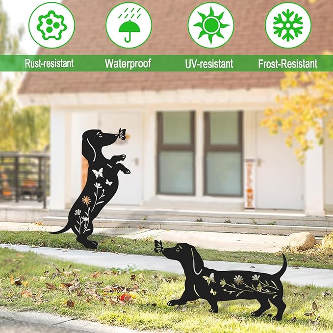 Pack 2 Dog Metal Garden Decor for Outside,Dachshund Silhouette Garden Stakes,Garden Statues for Yard,Lawn,Pathway