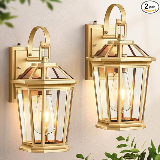 VIANIS Dusk to Dawn Outdoor Wall Lanterns, Modern Golden Exterior Lighting Fixtures Wall Mount Sconces, 100% Aluminum Waterproof Gold Porch Lights, Outside Coach Lantern for House Patio Garage, 2-Pack