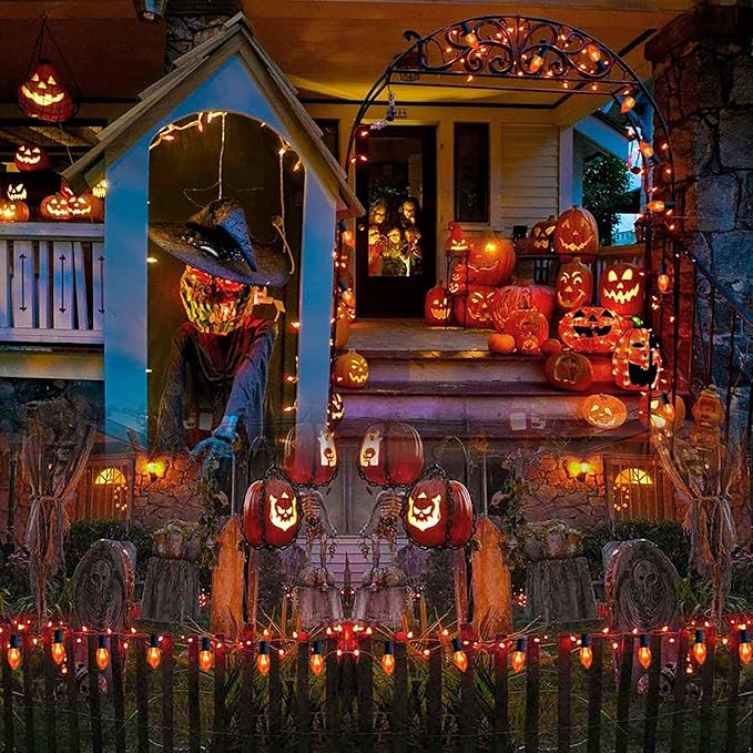 C9 Clear Orange String Light, 25Ft Outdoor Halloween Light String with 25 Clear Edison Bulbs, C9 Vintage Glass Hanging Lights for Patio Halloween Party Holiday Decor, C9/E17 Base, Black Wire