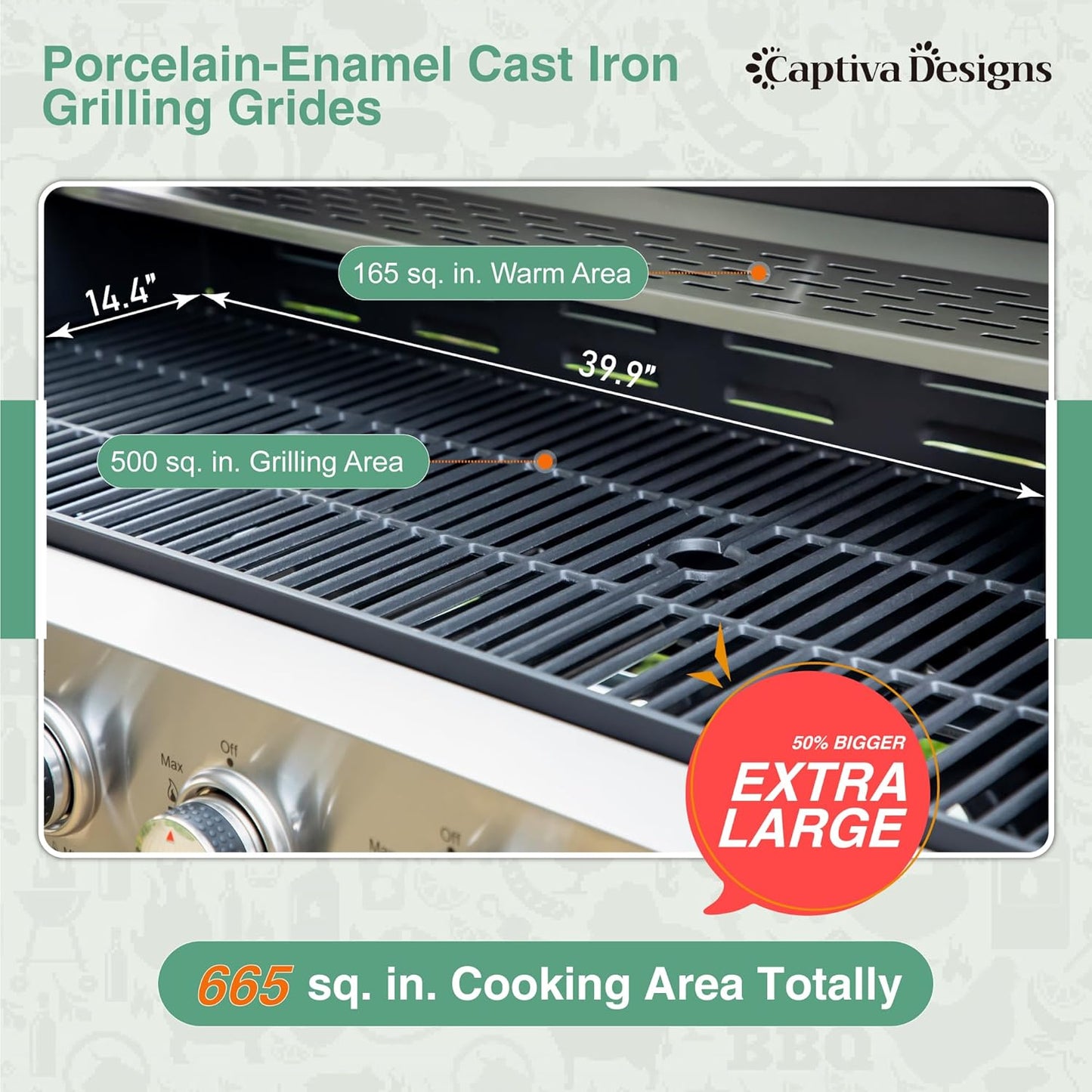 Captiva Designs 6-Burner Propane Gas BBQ Grill with Side Burner & Porcelain-Enameled Cast Iron Grate for Outdoor Kitchen & Backyard Barbecue, 65,800 BTU Output,665 SQ.IN. Cooking Area,Stainless Steel