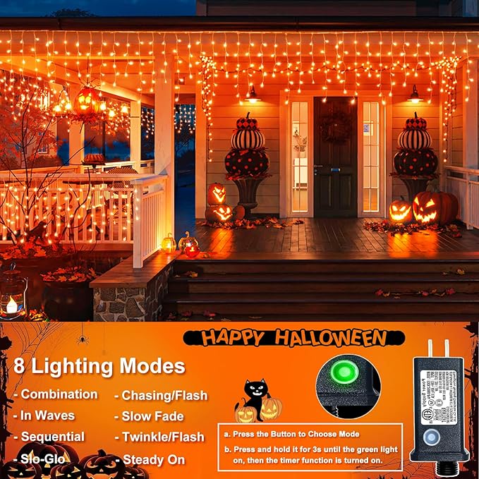 Icicle Lights for Outside, 33FT 400 LED Christmas Lights with 8 Modes Waterproof, Plug in Connectable Curtain Hanging Lights for Outdoor Indoor House Roof Party Wedding, Orange