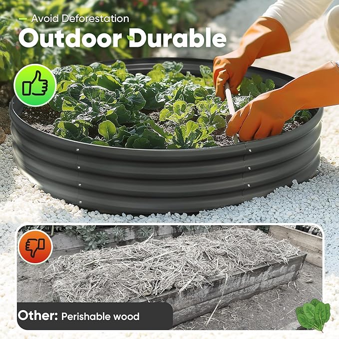 KING BIRD Raised Garden Bed Galvanized Round Planter Box Outdoor for Gardening, Plants, Vegetables, Flowers, Dark Grey, 47x47x12 in