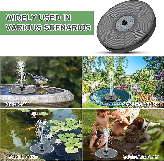 Solar Fountain Upgraded High Efficiency Glass Solar Panel, Solar Bird Bath Fountains with Flower No Battery,Solar Water Pump Fountain for Bird Bath Garden Small Ponds Outdoor Décor(Black)