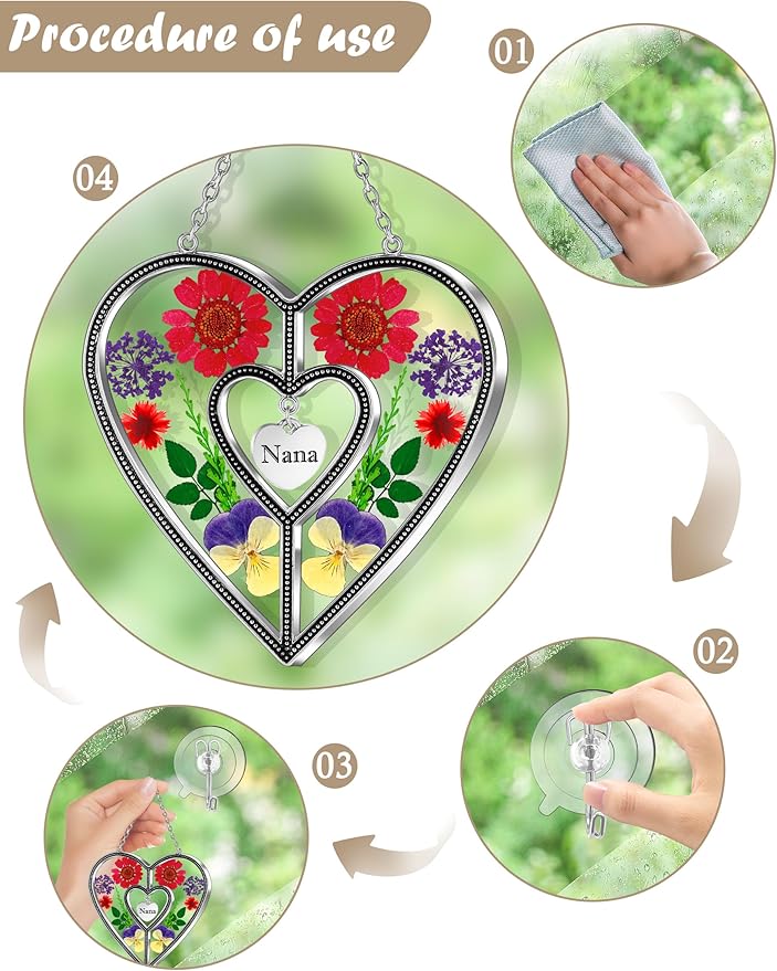 KY&BOSAM Heart Suncatcher Nana Stained Glass Panles Hangings for Windows Ornament Sun Catchers with Pressed Real Flower Heart Embedded in Glass Birthday Gifts for Nana Mother`s Day Home Garden Decor