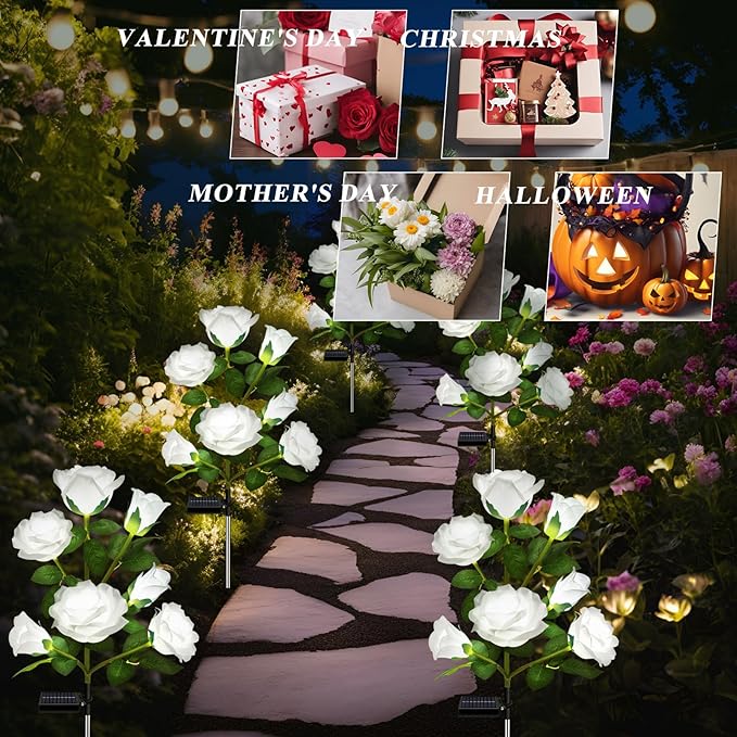 DWH 1 Pack Solar Garden Lights Outdoor, 7-Flower Rose Solar Lights for Yard, LED Solar Powered Stake Lights for Patio Pathway Lawn Fence Cemetery, White
