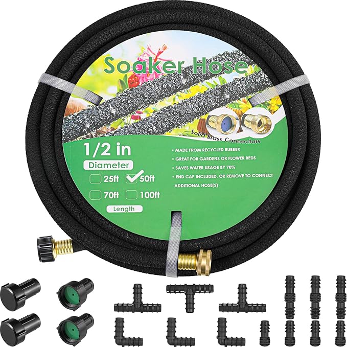 MAMIZO Soaker Hose Kit 50 ft 1/2", Solid Brass Connectors Rubber Longer Lasting, Heavy Duty Drip Hose to Save 70% Water, Soaker Hose for Garden, Lawn and Yard