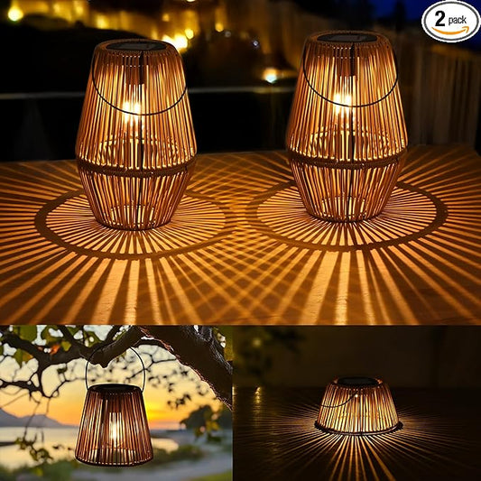 Uspring 2 Pack 3-in-1 Solar Lanterns Outdoor Waterproof Rattan Woven Hanging Solar Lights for Outside with Bright Lamp & LED Bead & 4 Handles, Garden Gifts Decor for Women Mom Patio Yard Porch