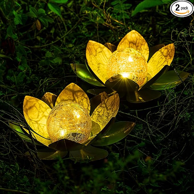 Garden Solar Lights Outdoor(2Pack) , Amber Crackle Globe Glass Lotus Decoration , Waterproof Orange Metal LED Flower Lights for Patio,Lawn,Walkway,Tabletop,Ground, Garden Gifts for Women