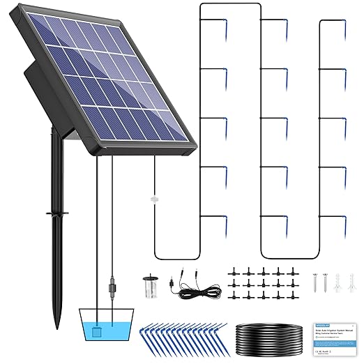 NFESOLAR Solar Drip Irrigation System Outdoor with 2200mAh Battery Backup, 6 Timing Modes, Supported 15 Pots Plants, Solar Watering System for Garden Green House