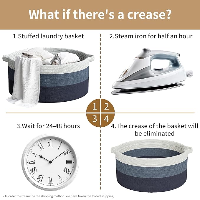 125L Extra Large Blanket Basket, 25" x 16", Jumbo Laundry Woven Basket Decorative Home, Cotton Rope Basket with Handles, Baby Toy Basket for Storage, Gradual Blue