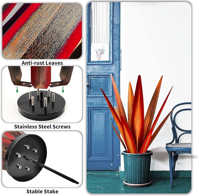 Large Tequila Rustic Sculpture, Rustic Metal Agave Plants for Outdoor Patio Yard, Home Decor Hand Painted Metal Agave Garden Yard Statue, Outdoor Lawn Ornaments Yard Stakes (Red - M)