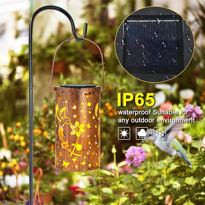 Mothers Day Gifts, 4 Packs Solar Lanterns Outdoor Hanging Lantern Lights, 4 Hummingbird Hollowed-Out Metal Decor Lantern, Waterproof LED Decorative Garden Light Gifts