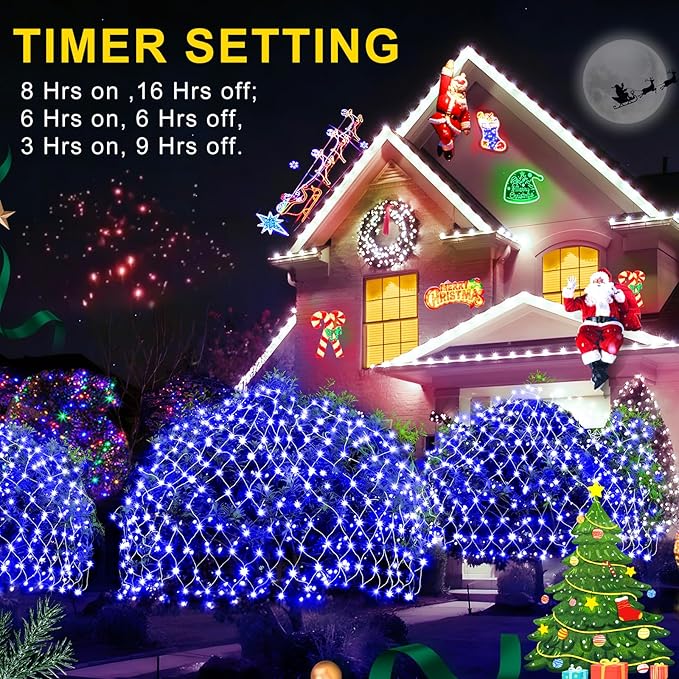 KNONEW Christmas Net Lights 360 LEDs 13ft x 9.8ft Outdoor Mesh Lights Connectable Waterproof 8 Modes & Timer Plug-in Net Fairy Lights for Bushes Garden Party Wedding Holiday,Blue