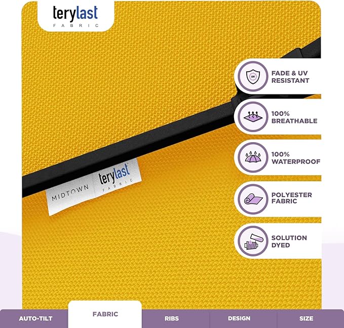 Midtown Umbrellas 10-Year-No-Fade - 9 Ft - UV Proof Yellow Polyester Fabric - Umbrella Outdoor Patio, Auto-Tilt Aluminum Frame Patio Umbrella for Garden, Pool & Deck - Black Pole