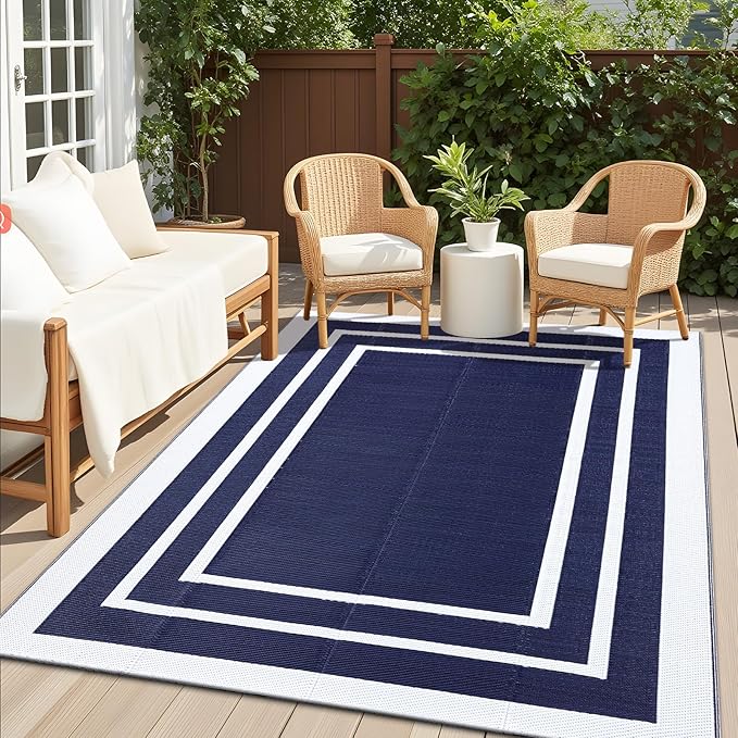 OLANLY Outdoor Rug 5x8 ft Waterproof, Reversible Outdoor Plastic Straw Rug, RV Mat, Indoor Outdoor Carpet Clearance for Patio, Camping, Balcony, Deck, Backyard, Navy & White