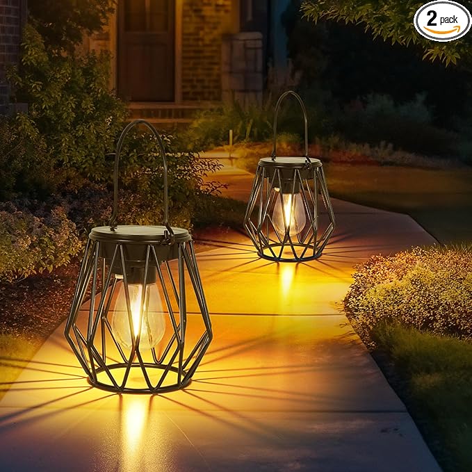 Solar Lanterns Outdoor Waterproof, Upgraded Powered Hanging Solar Lights for Outside, Auto On/Off, Brighter Hanging Outdoor Decor Lights for Yard Garden Patio Pathway 2 Pack
